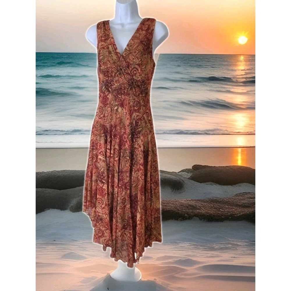 Dress Barn Maxi Dress 8 Rust Asymmetrical Hem Surplice Beachy Boho Resort Wear